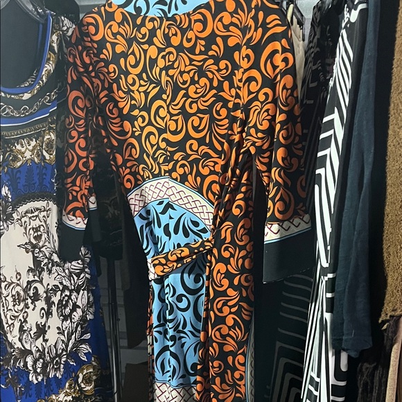 Vibrant Orange and Blue Patterned Wrap Dress - Picture 3 of 3